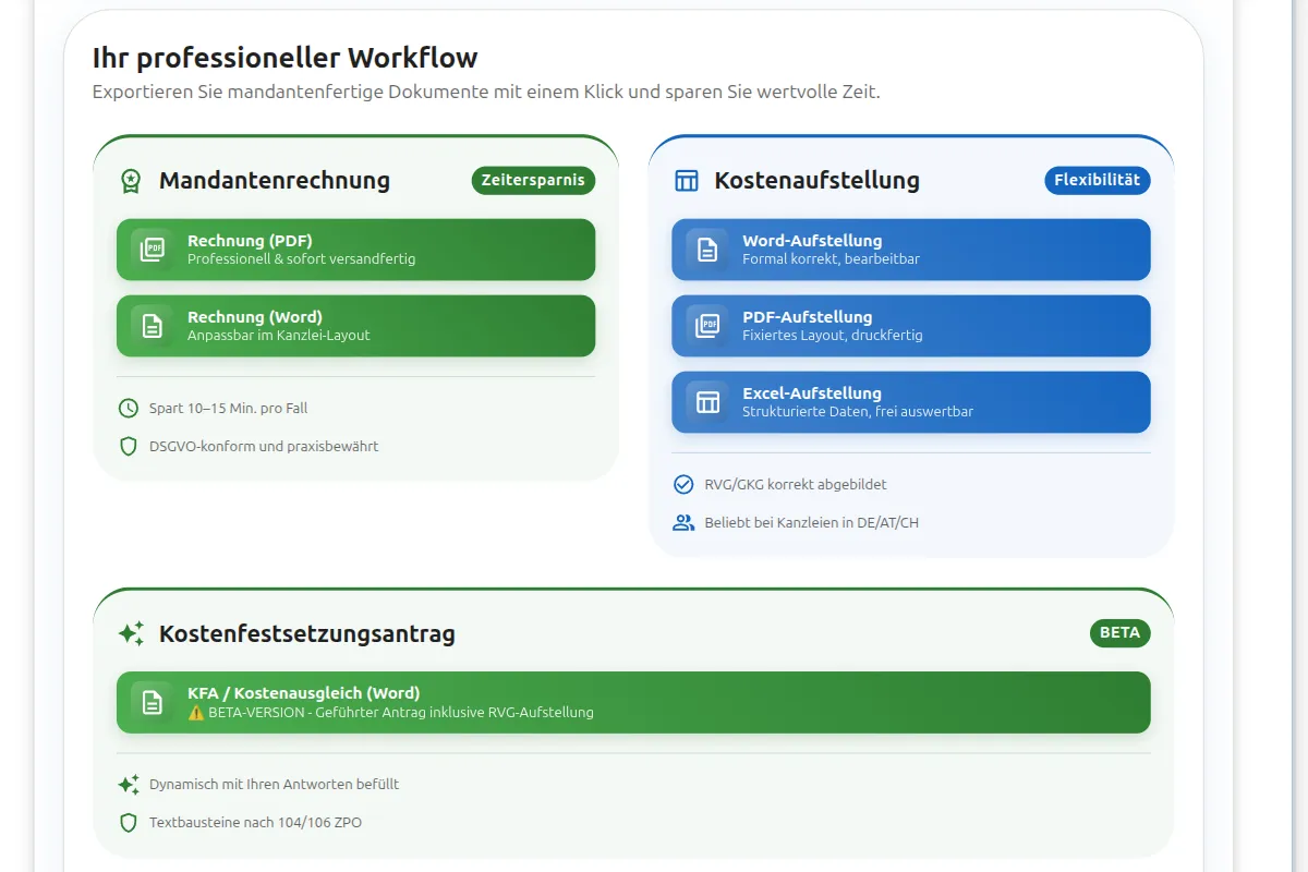 RVG Kostennote und KFA Export Premium: Kostenfestsetzungsantrag und Gebührennote als Word oder PDF exportieren