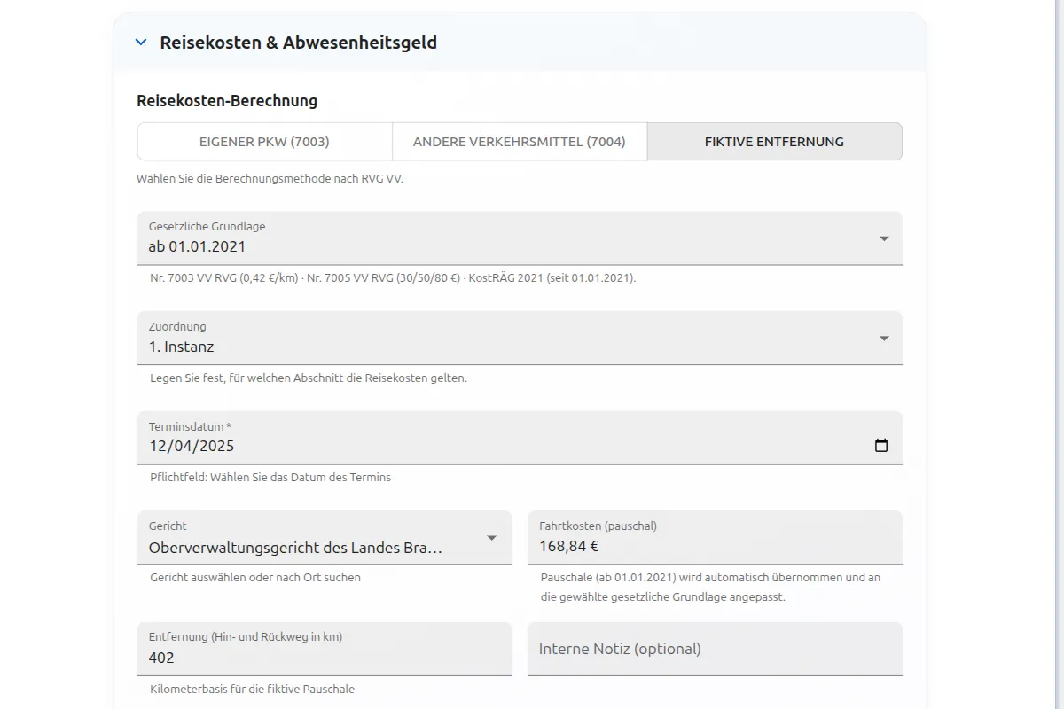 RVG Reisekosten berechnen Premium: Kilometerpauschale Übernachtungspauschale und Abwesenheitsgeld automatisch nach § 4 bis 7 RVG