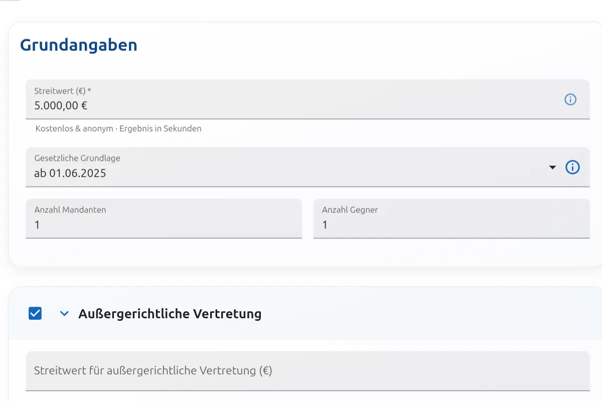 RVG Rechner Streitwert Eingabe 2025: Eingabefeld für 5000 Euro Streitwert mit Auswahl Rechtsstand und Mandanten-Anzahl