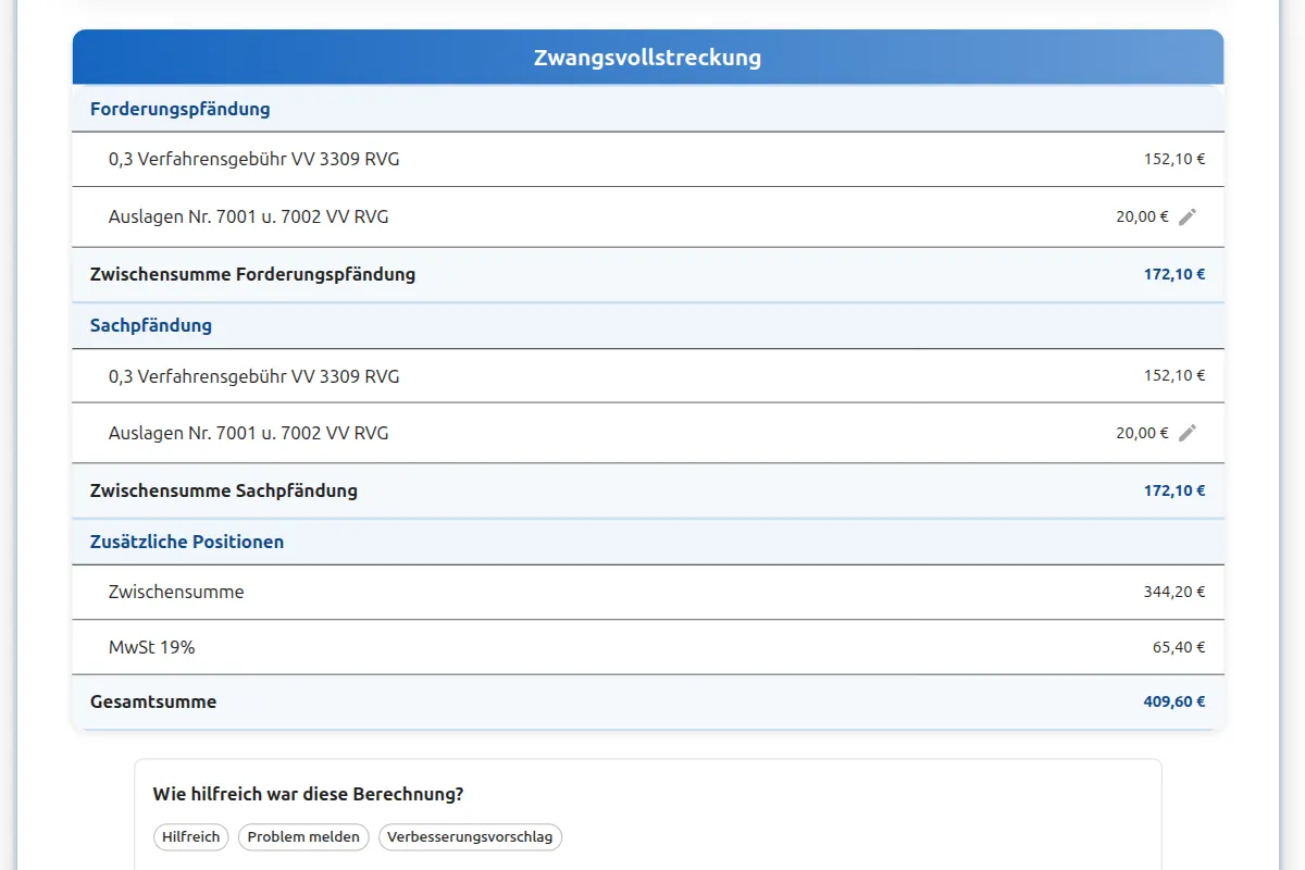 RVG Zwangsvollstreckung Kosten 8500 Euro: Vollstreckungsgebühr nach VV 3309 RVG für Forderungs- und Sachpfändung